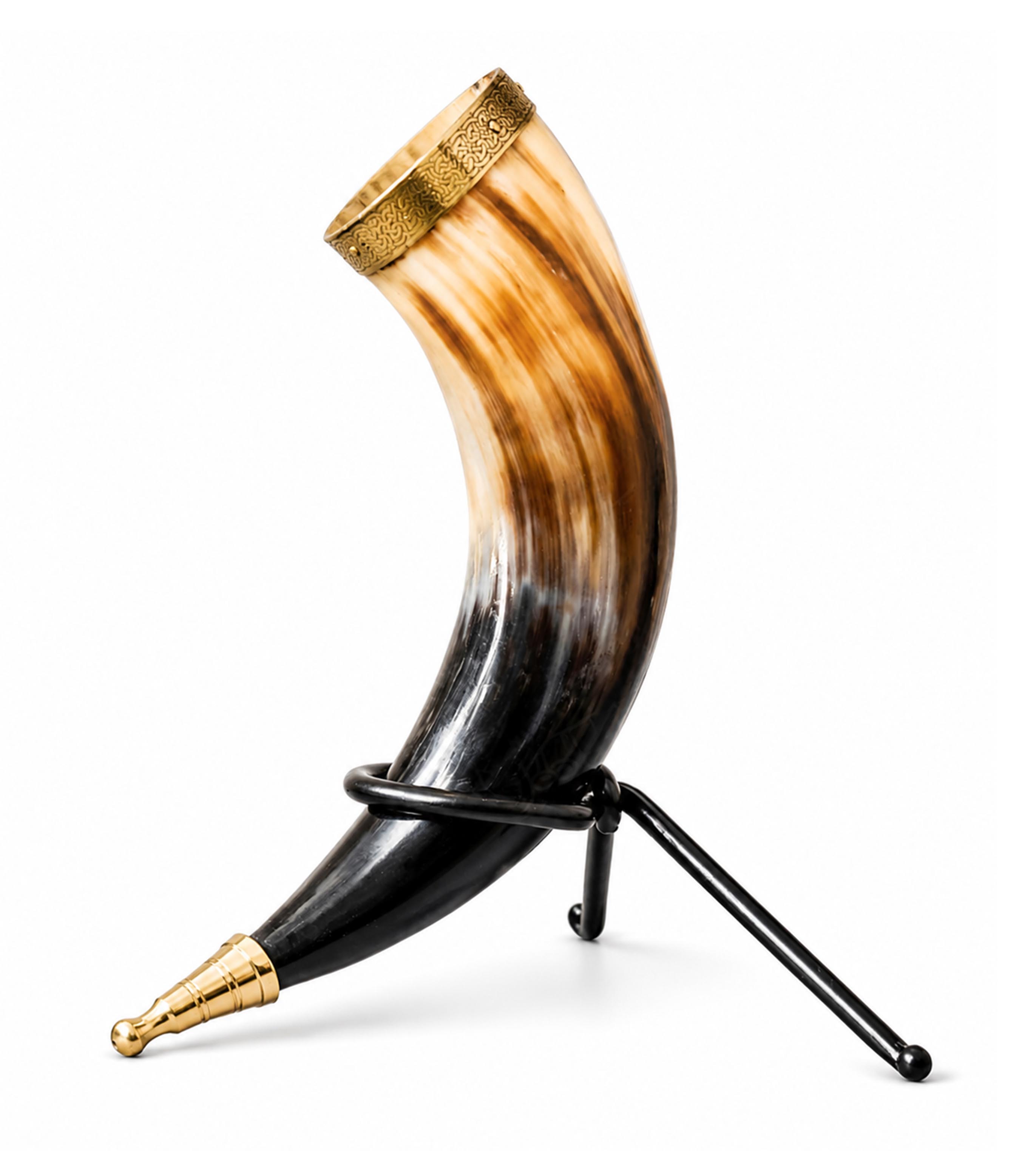 Premium Buffalo Horn Drinking Horn with Metal Stand