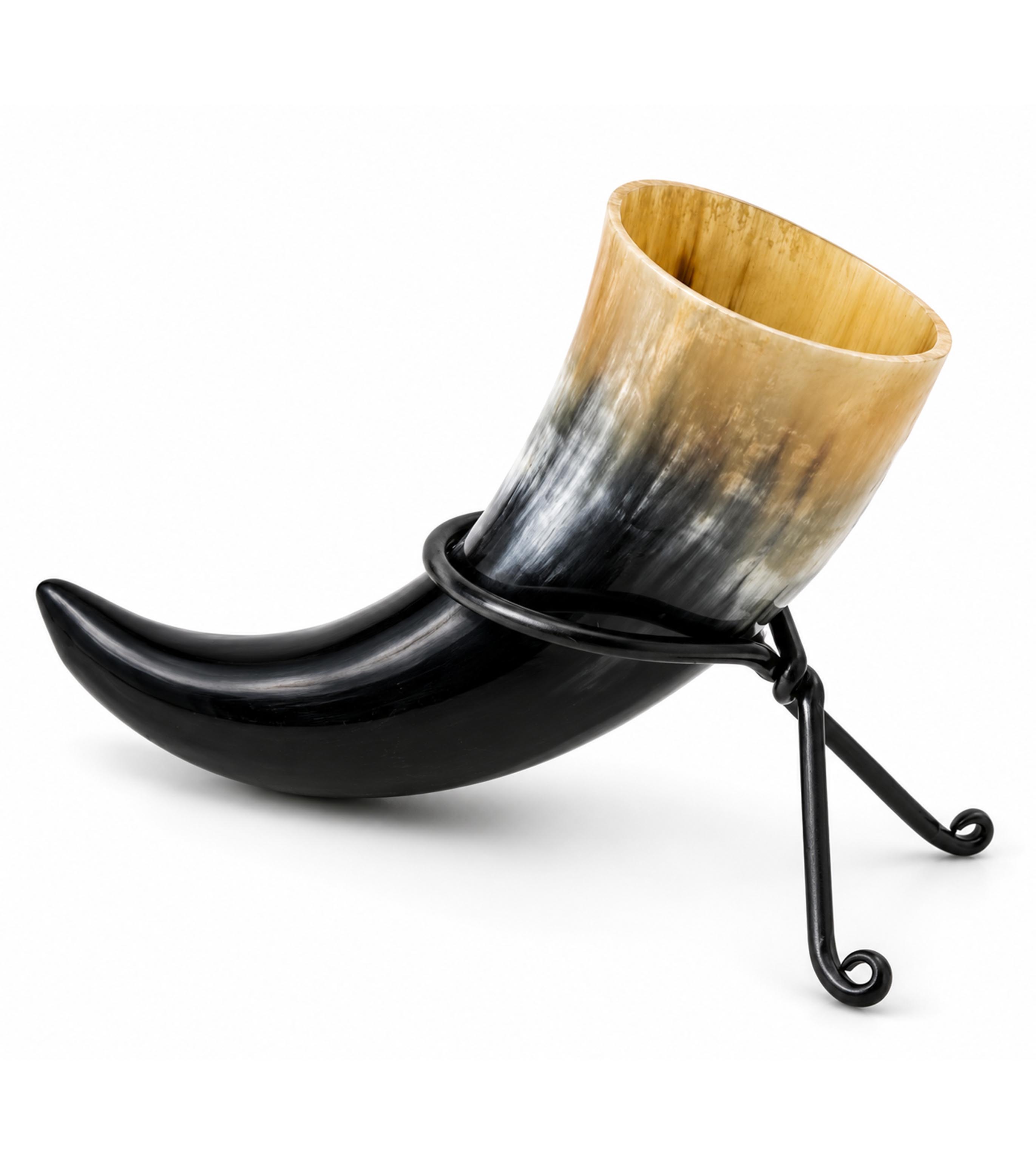Buffalo Horn Drinking Horn with Iron Stand